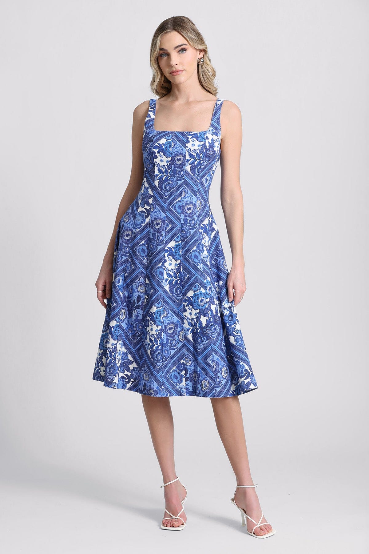 Patchwork Floral Linen Blend Fit-and-Flare Dress