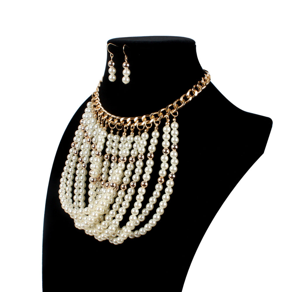 Statement Lady Rope Multi-Layered Pearl Necklace & Earring Set