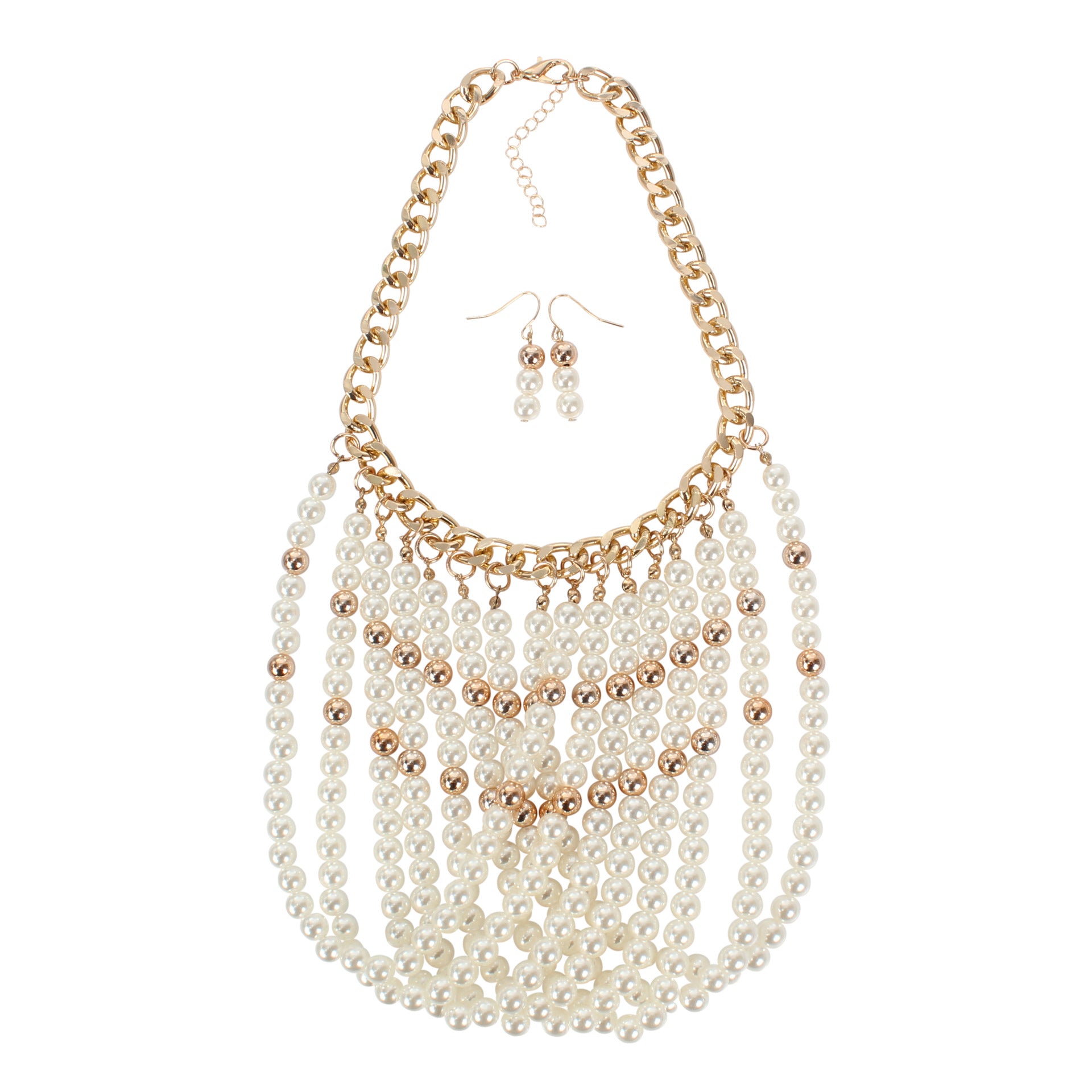 Statement Lady Rope Multi-Layered Pearl Necklace & Earring Set