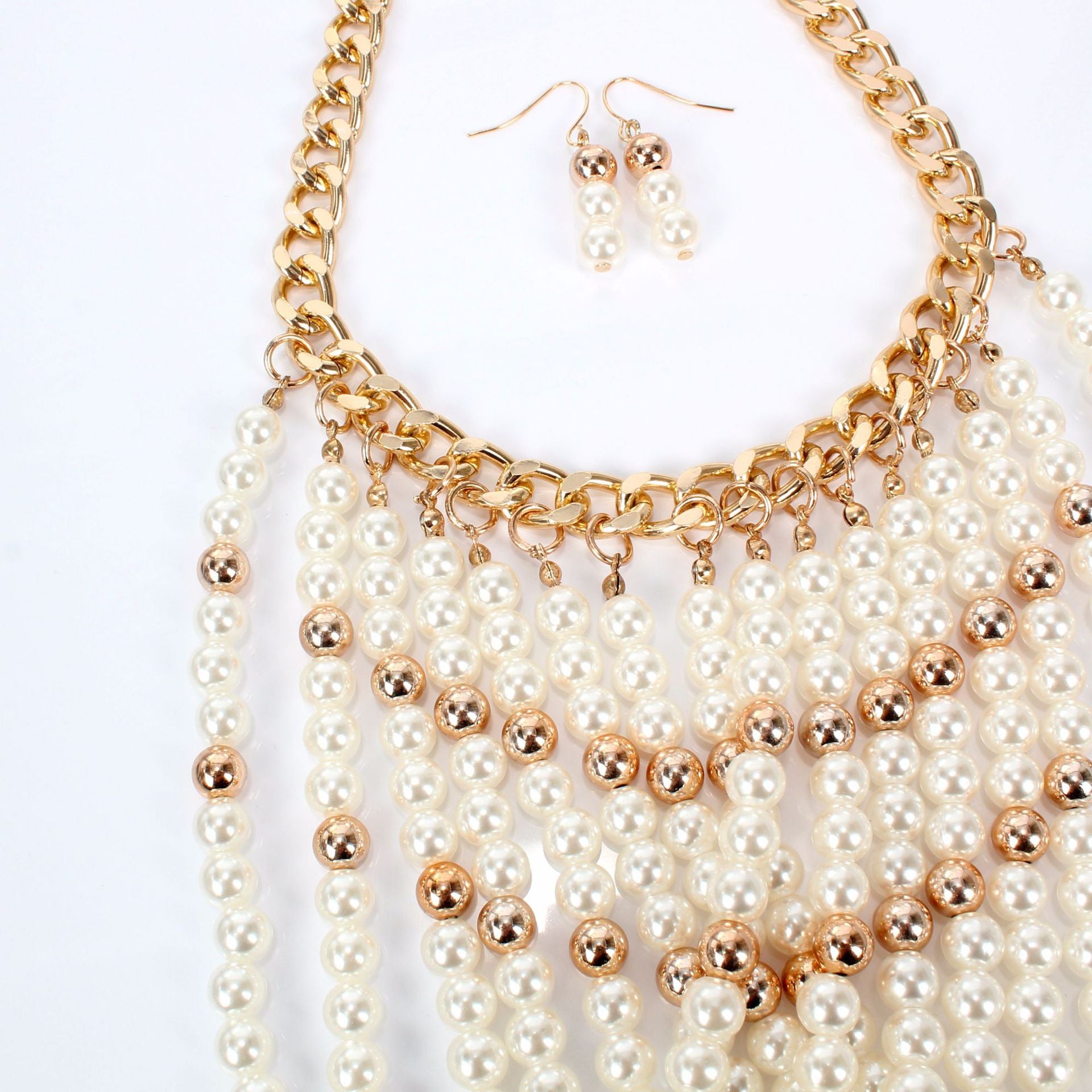Statement Lady Rope Multi-Layered Pearl Necklace & Earring Set