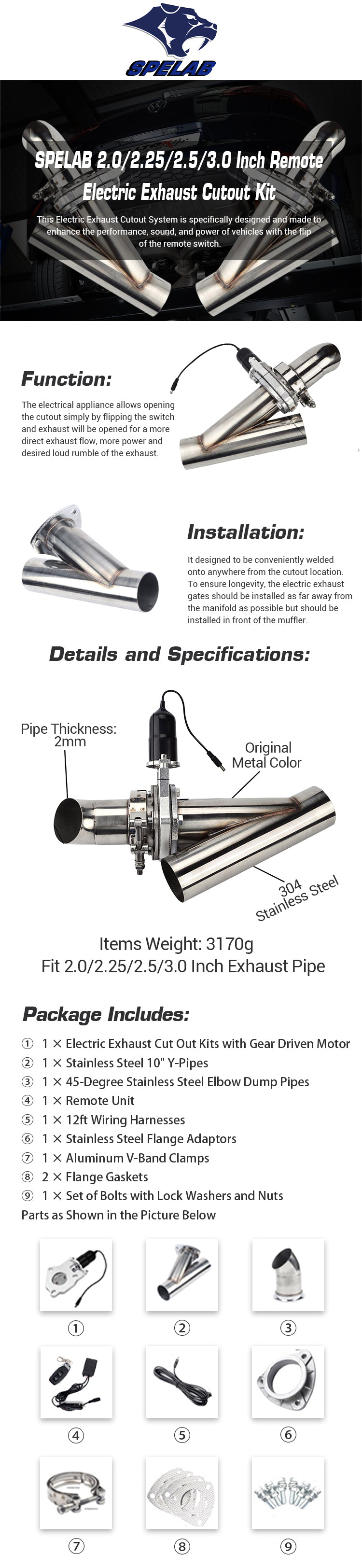 SPELAB 2.02.252.53.0 Inch Remote Electric Exhaust Cutout Kit listing