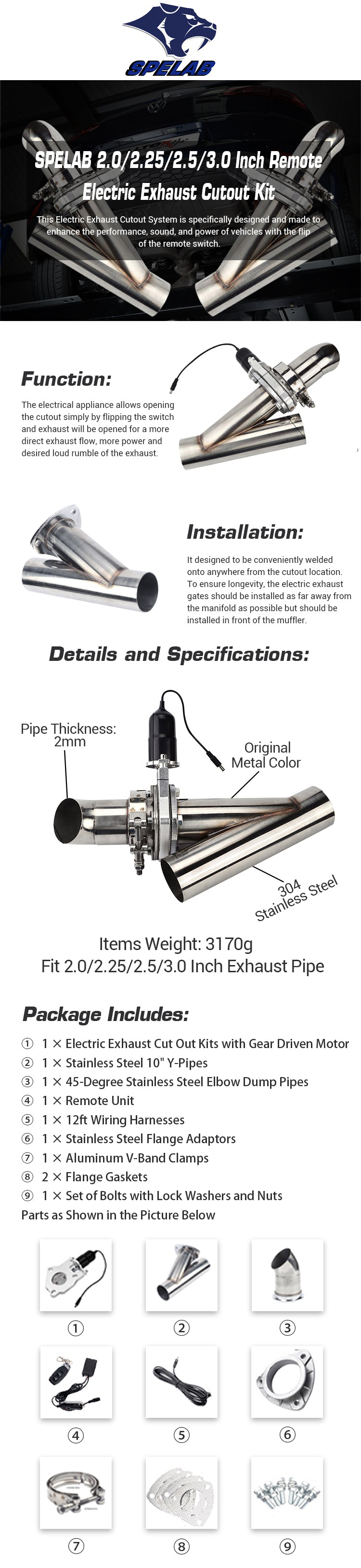 SPELAB 2.25 inch Remote Electric Exhaust Cutout Kit