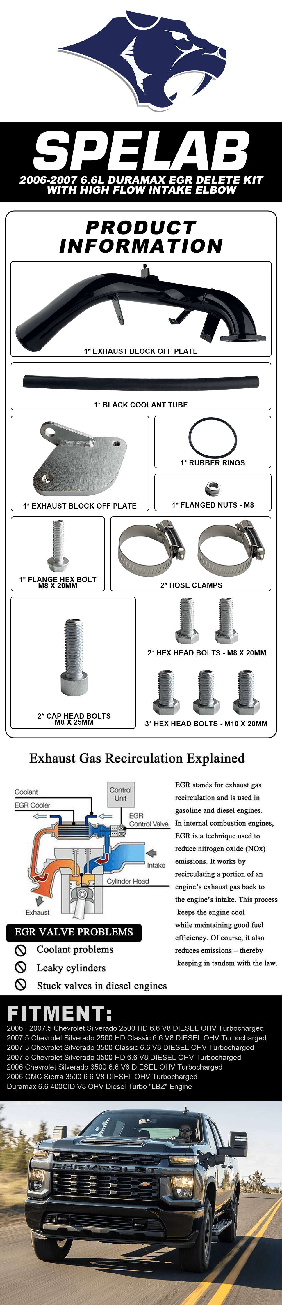 SPELAB 2006-2007 6.6L Duramax EGR Delete Kit with High Flow Intake Elbow listing