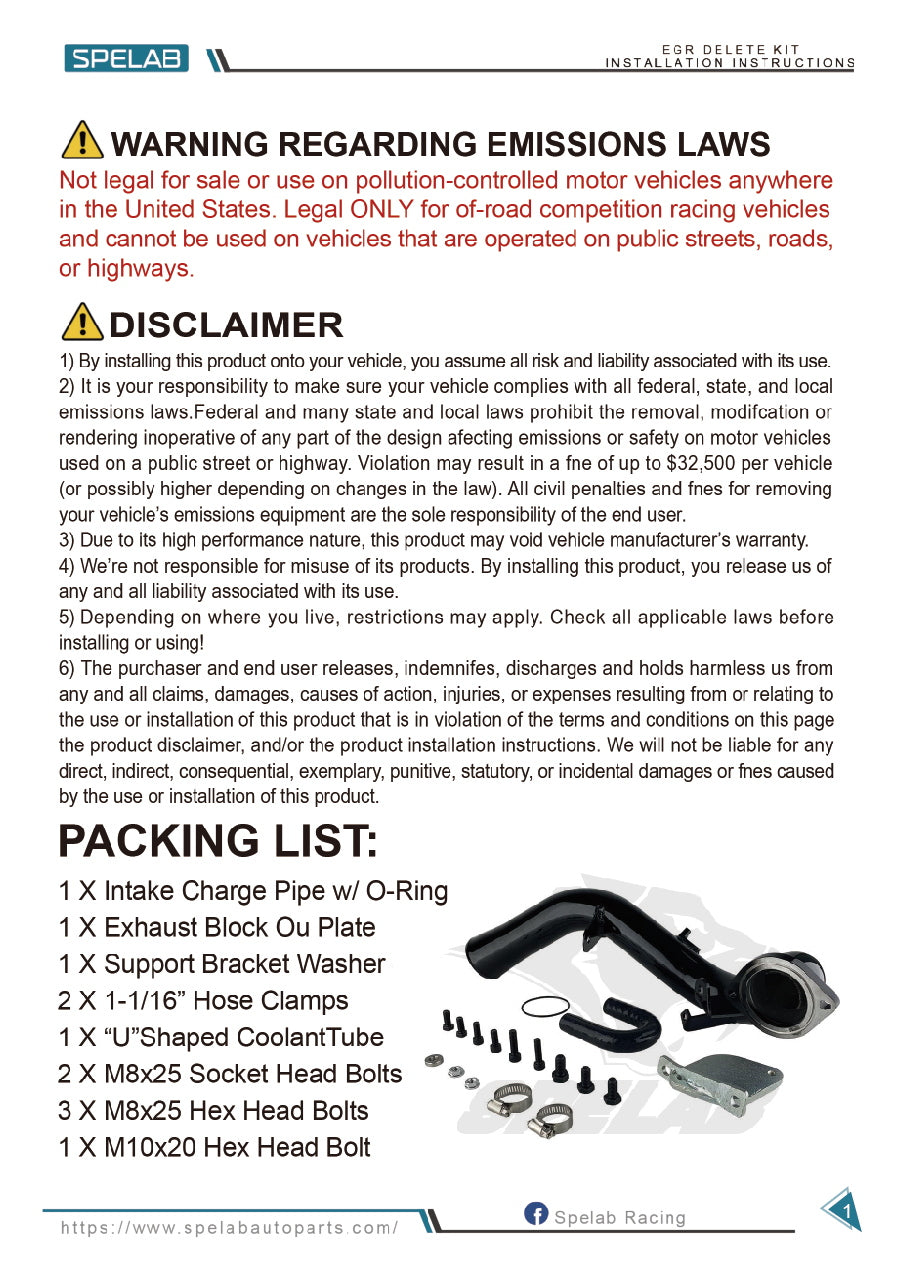 SPELAB 2007.5-2010 6.6L Duramax EGR Delete Kit High Flow Intake Elbow Pipe Tube Installation Instruction