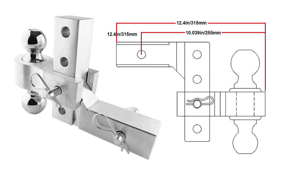 SPELAB Aluminum Adjustable Trailer Hitch with 2" and 2-5/16" Dual Ball Mount Fits 2" Receiver