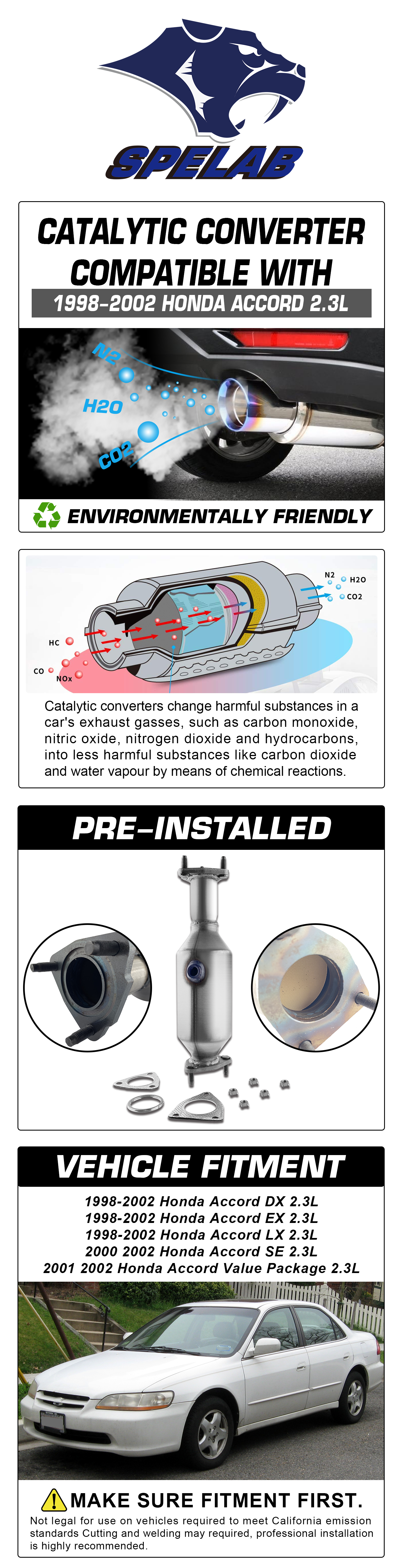 SPELAB Catalytic Converter Compatible with 1998-2002 Honda Accord 2.3L Direct-Fit Stainless Steel High Flow Series (EPA Compliant)