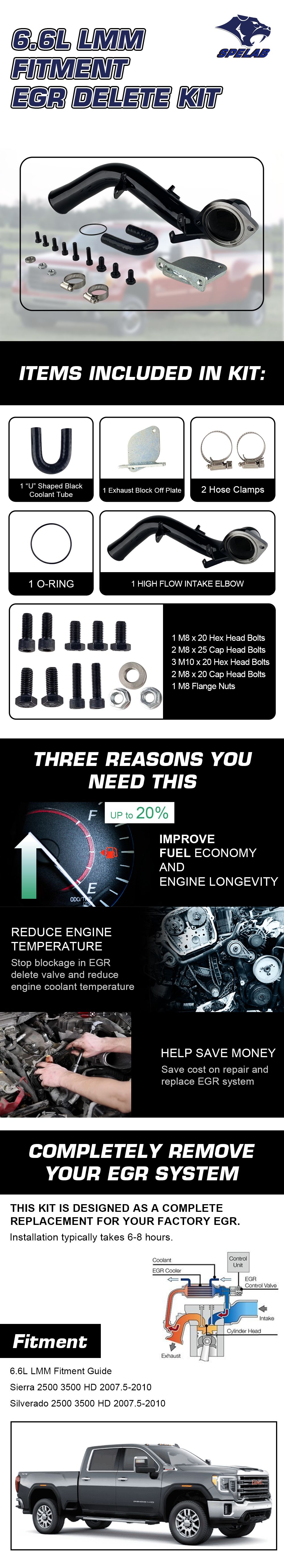 SPELAB EGR Delete Kit High Flow Intake Elbow Pipe Tube for Chevy Silverado GMC Sierra 2500 3500 HD 2007.5-2010 Duramax 6.6L LMM Diesel