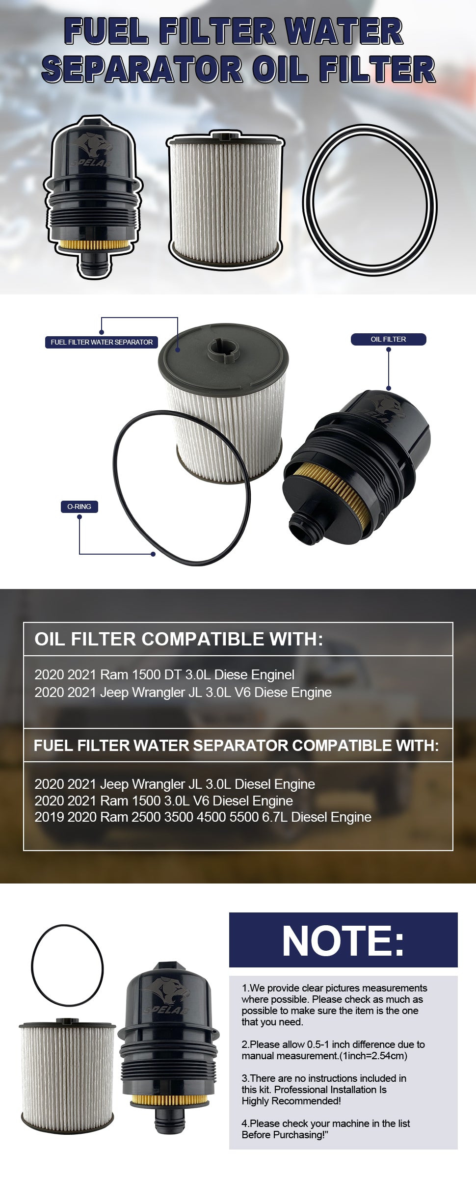 SPELAB Fuel Filter Water separator Oil Filter Replacement for Jeep Wrangler JL Ram 1500 DT 3.0L V6 Diesel 68507598AA 68157291AA 68436631AA
