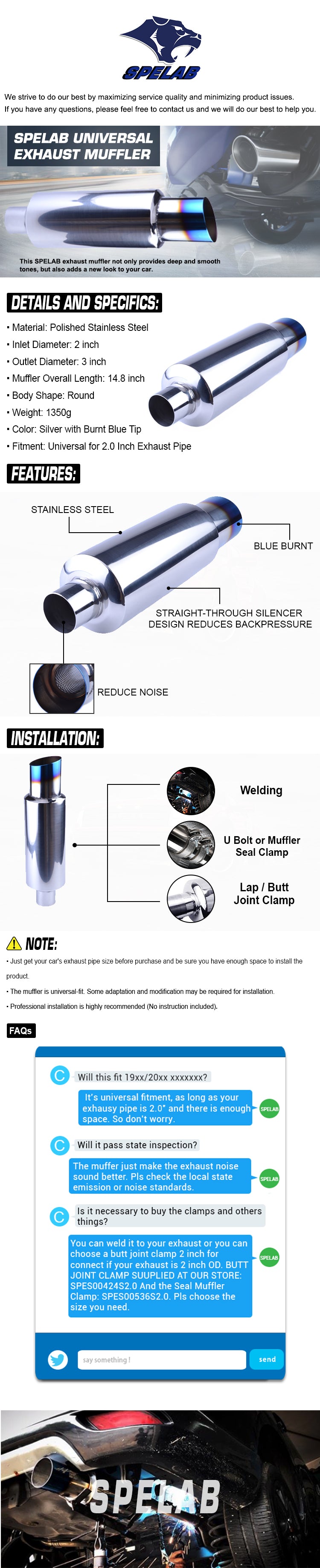 SPELAB N1 Universal 2 Inlet 3 Outlet Performance Exhaust Muffler with Straight Blue Burnt Tip - Moderate Sound