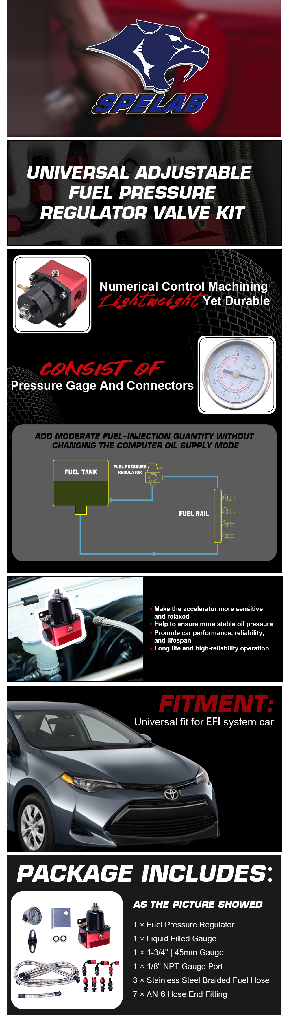 SPELAB Universal Adjustable Fuel Pressure Regulator Valve Kit 100psi Gauge AN6 Hose Fitting Braided Oil Lines