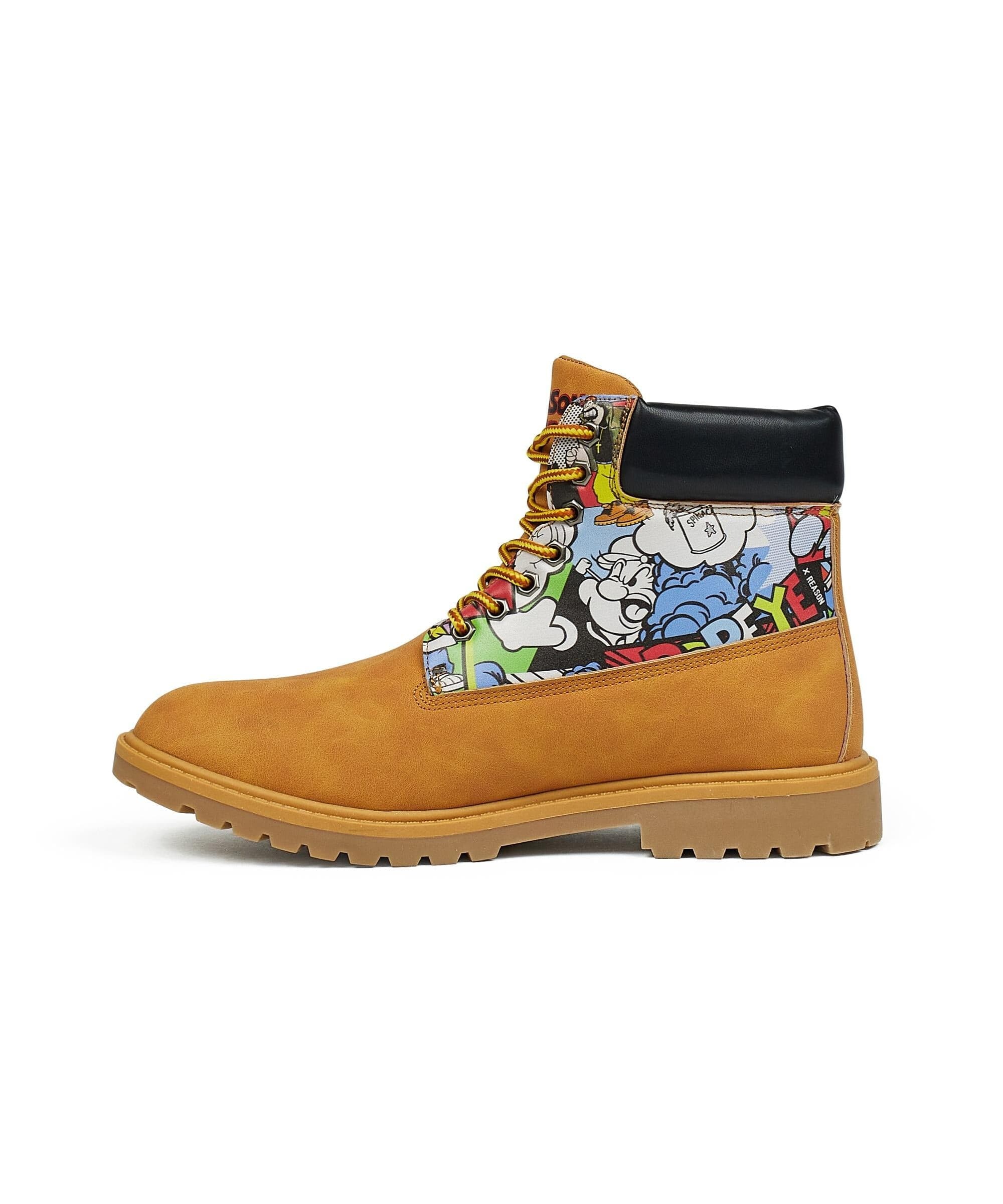 Popeye X Reason Collab Faux Suede Comic Print Boots - Tan