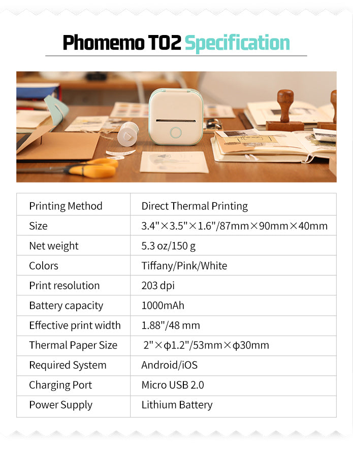 Phomemo T02 Portable Bluetooth Mini Pocket Thermal Printer