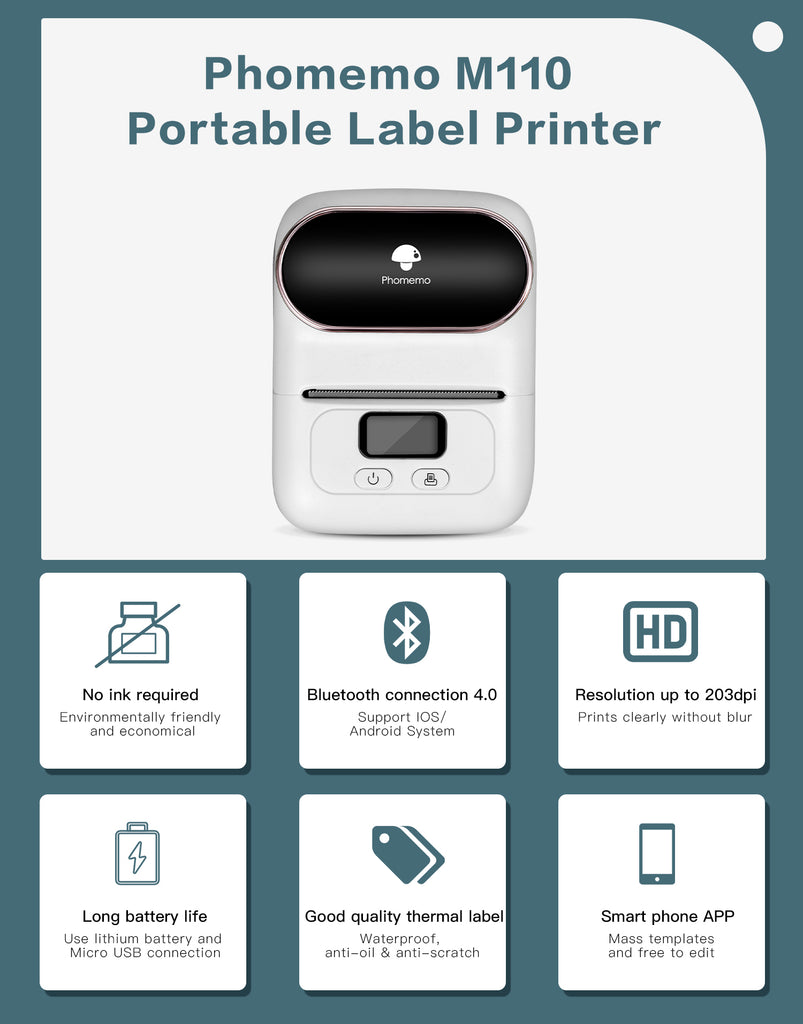 Print Flat Rate Labelphomemo M110 Thermal Label Printer - 12ppm,  Bluetooth, Barcode, Address