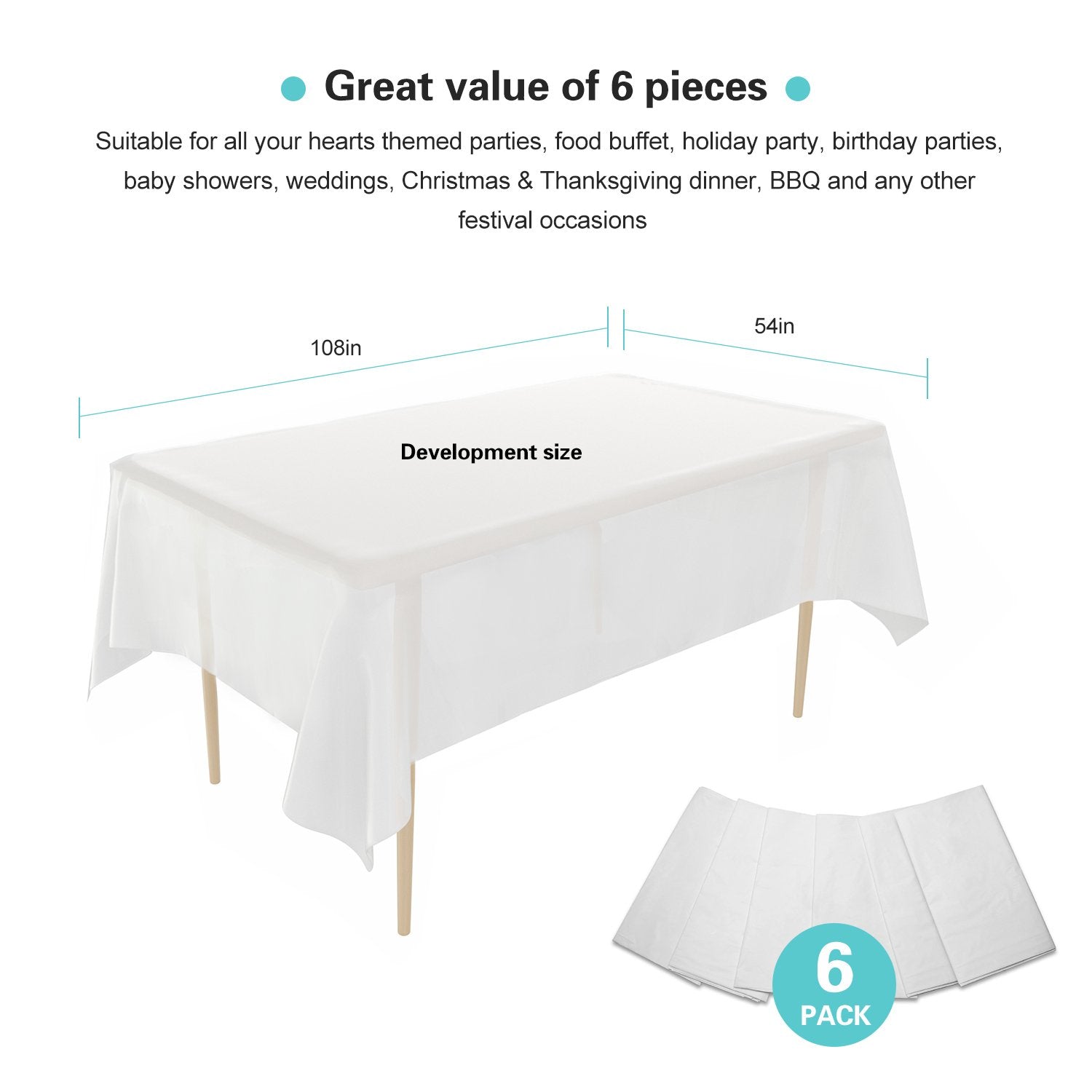 (6 Pack) Disposable Plastic Tablecloths 54 x 108