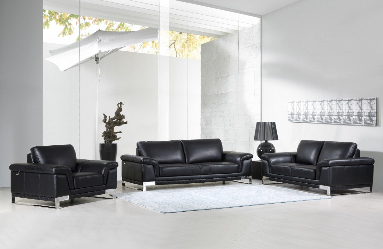 U411 Premium Black Leather Living Room Sofa Set