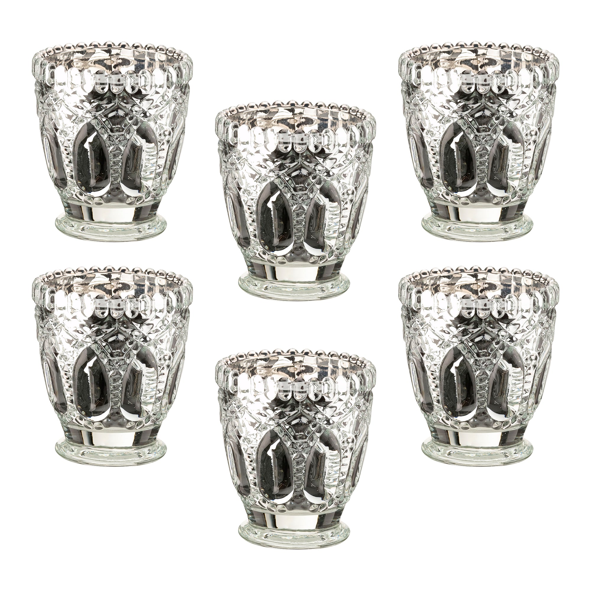 Metallic Silver Cut Glass Votive or Tea light Candle Holders Set of 6