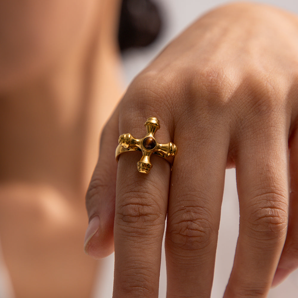 Tiger Eye Cross Ring