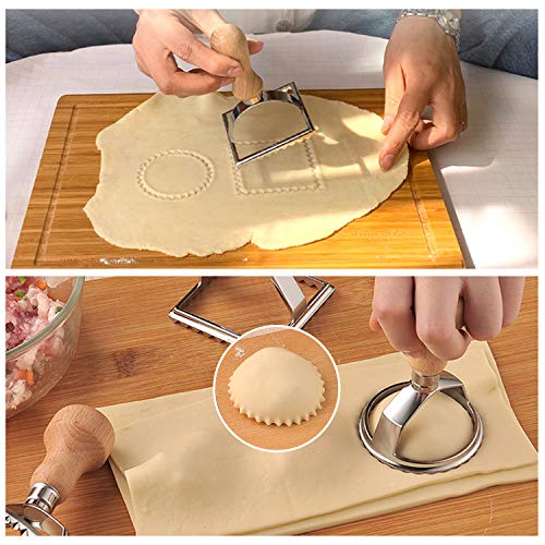 Ravioli Cutter Maker Stamp,Stainless Steel Ravioli Mold Set with 3 Ravioli Stamps and Ergonomic Wooden Handle for Ravioli,Pasta,Dumplings Lasagna