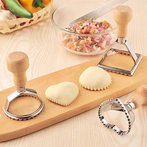 Ravioli Cutter Maker Stamp,Stainless Steel Ravioli Mold Set with 3 Ravioli Stamps and Ergonomic Wooden Handle for Ravioli,Pasta,Dumplings Lasagna