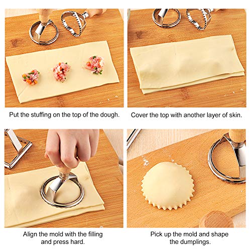 Ravioli Cutter Maker Stamp,Stainless Steel Ravioli Mold Set with 3 Ravioli Stamps and Ergonomic Wooden Handle for Ravioli,Pasta,Dumplings Lasagna