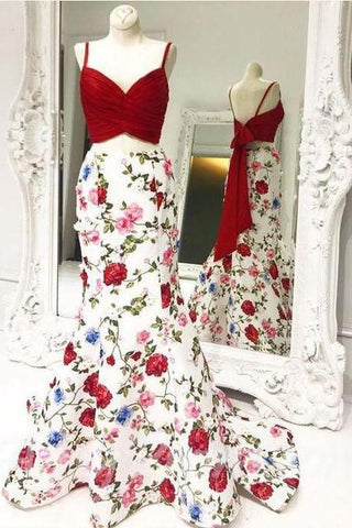 Vestidos de fiesta de 2 piezas rojos con estampado floral de sirena