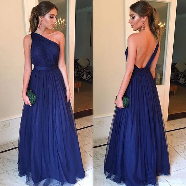 A line Sexy One Shoulder Blue Bridesmaid Dresses Open Back – MyChicDress