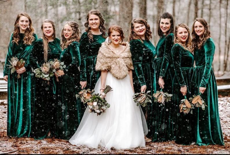 Green Velvet Bridesmaid Dresses long sleeves