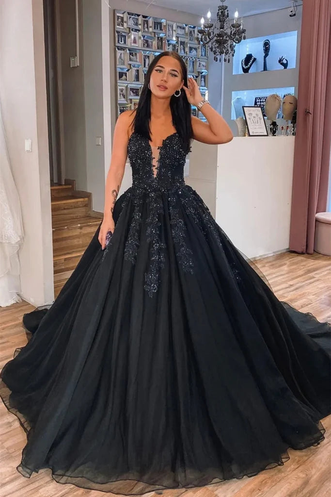 Black Lace Long Wedding Dresses