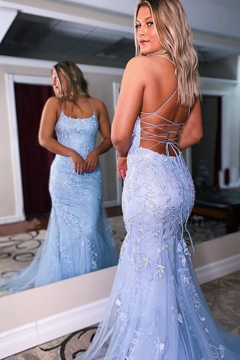 Blue Lace Pron Dresses 2023