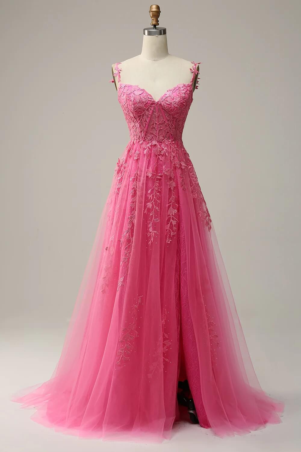 Cheap Hot Pink Lace Corset Prom Dress