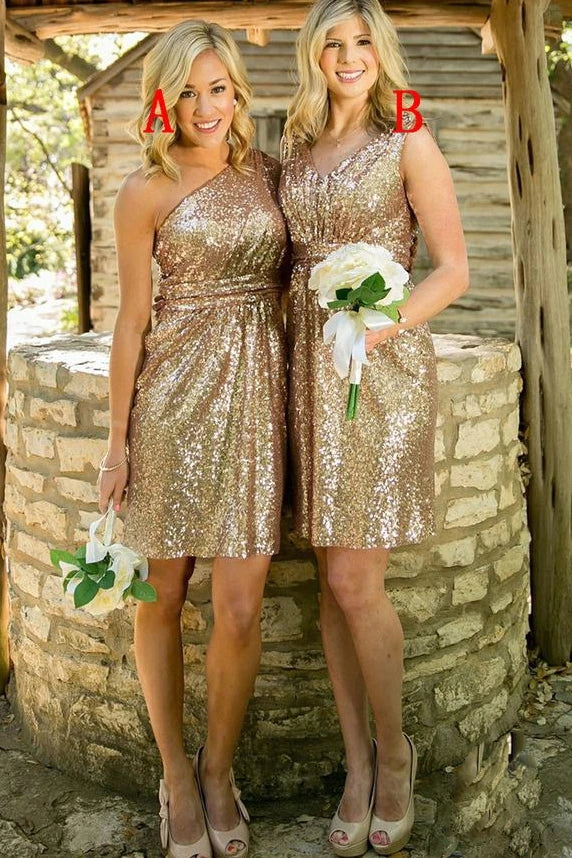 Gold Sequins Short Bridesmaid Dresses