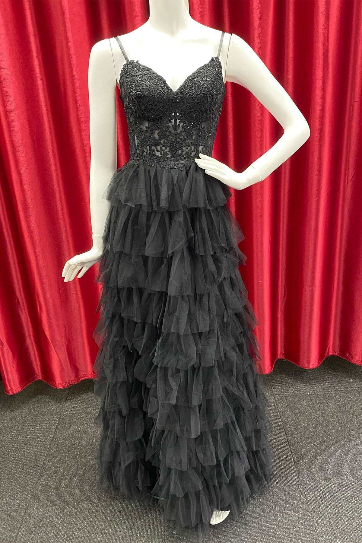Long Black Tiered Prom Dresses