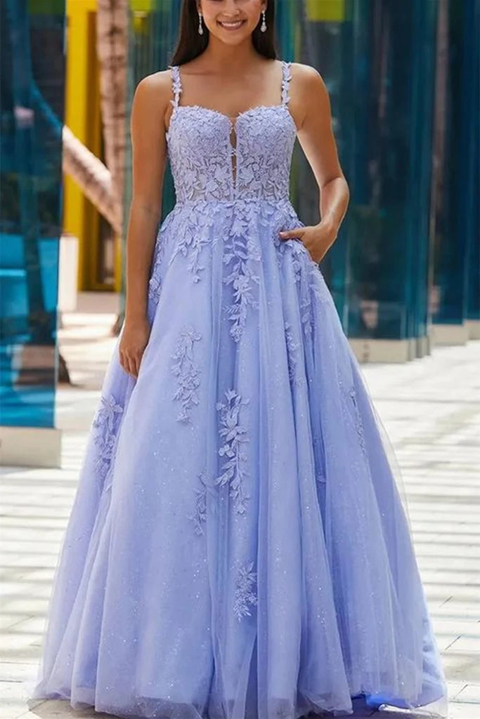 Long Lilac Lace Prom Dresses With Pockets