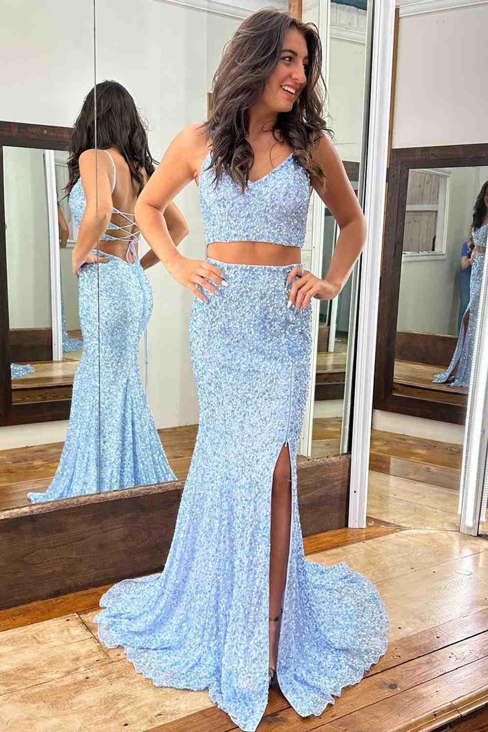 Long Sequins 2 Piece Prom Dress blue