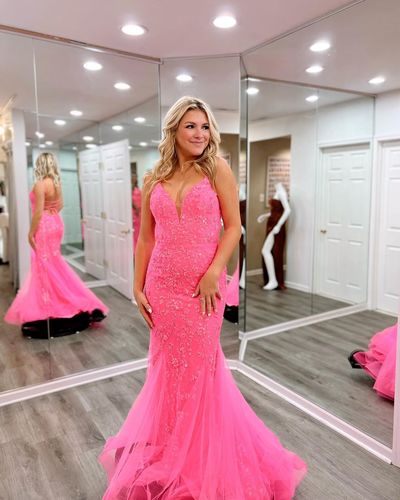 Pink Mermaid V Neck Prom Dresses