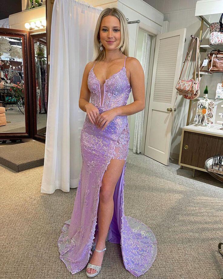 Lavender Sequins V Neck Prom Dresses