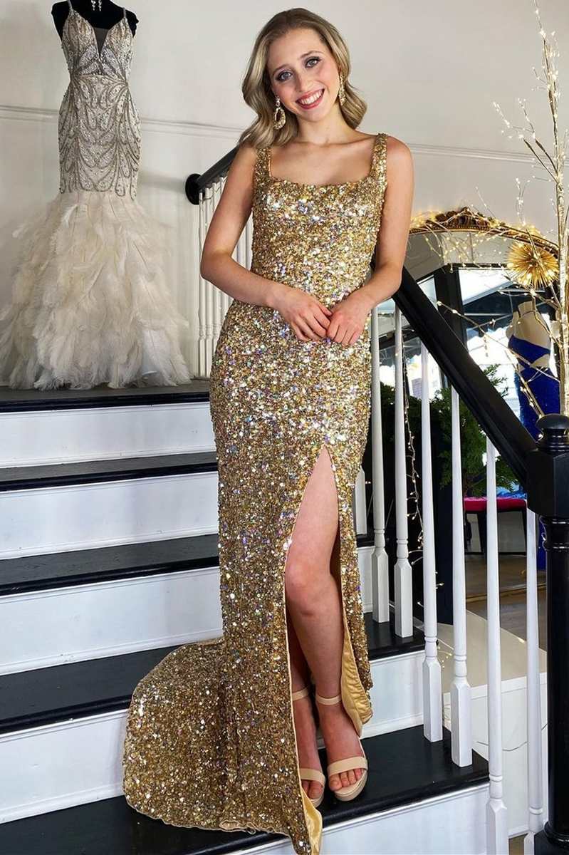Sequin Gold Square Neck Prom Dresses