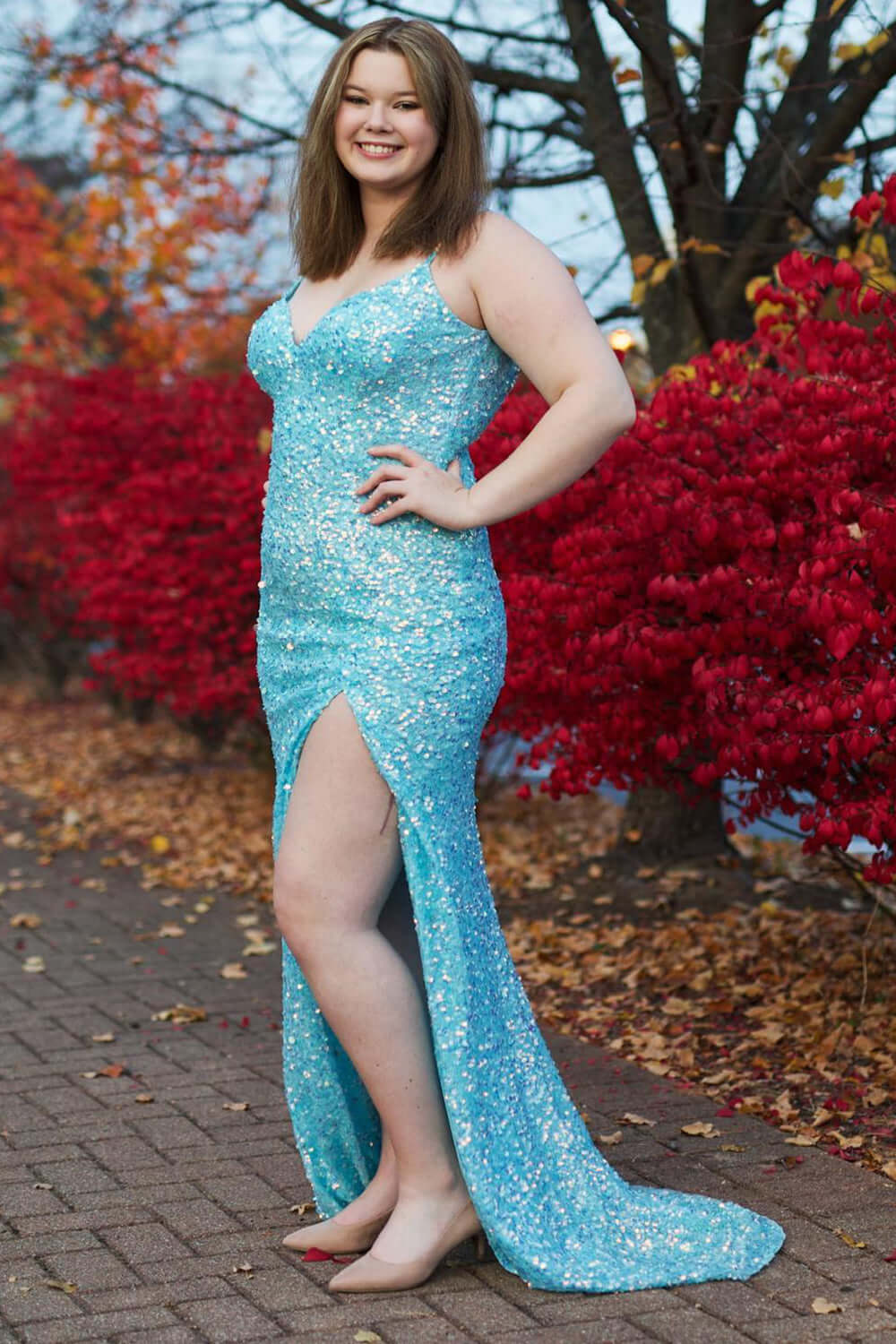 Sky Sequins Plus Size Blue Prom Dresses