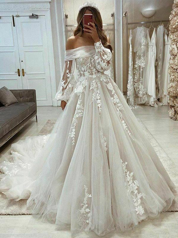 Puff Sleeve Whimsical Lace Wedding Dresses
