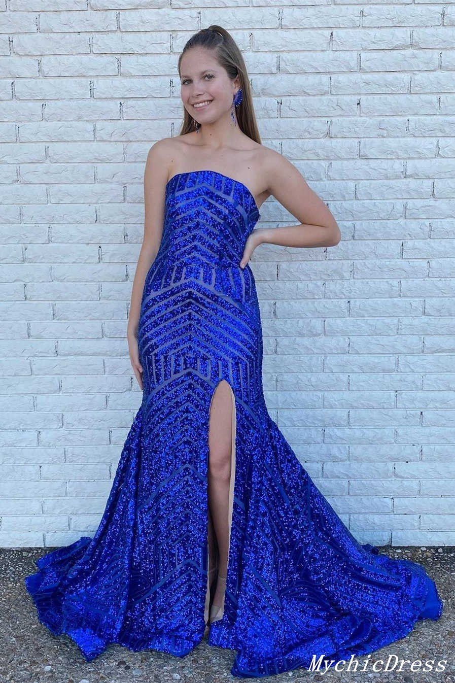Strapless Royal Blue Prom Dresses Sequin 2023