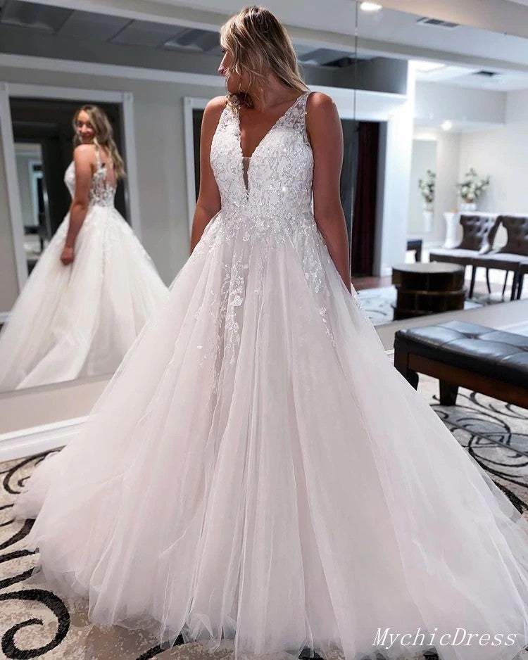 v neck Lace Sequin Whimsical Wedding Dresses