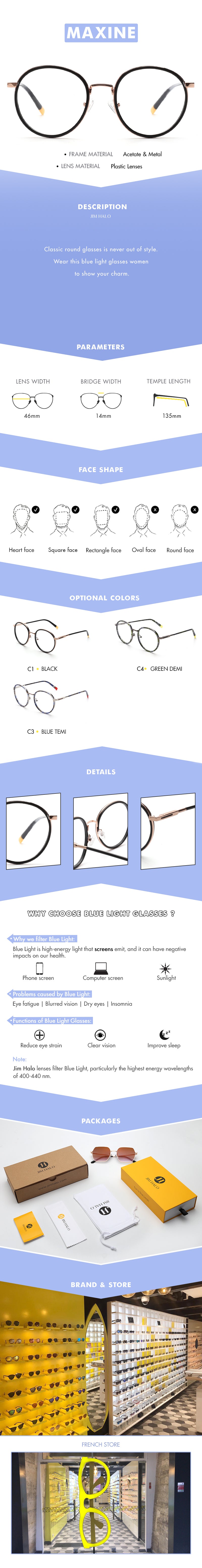 Classic round glasses is never out of style. Wear this blue light glasses women to show your charm.