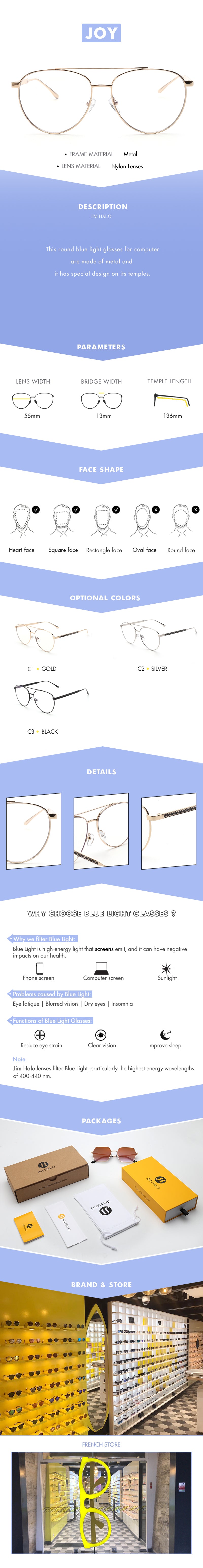 This round blue light glasses for computer are made of metal and with special design on its temples.