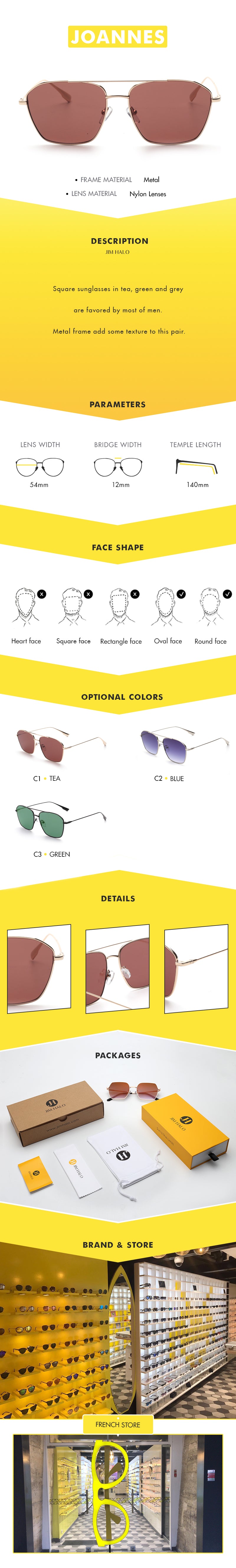 Square sunglasses in tea, green and grey are favored by most of men. Metal frame add some texture to this pair.