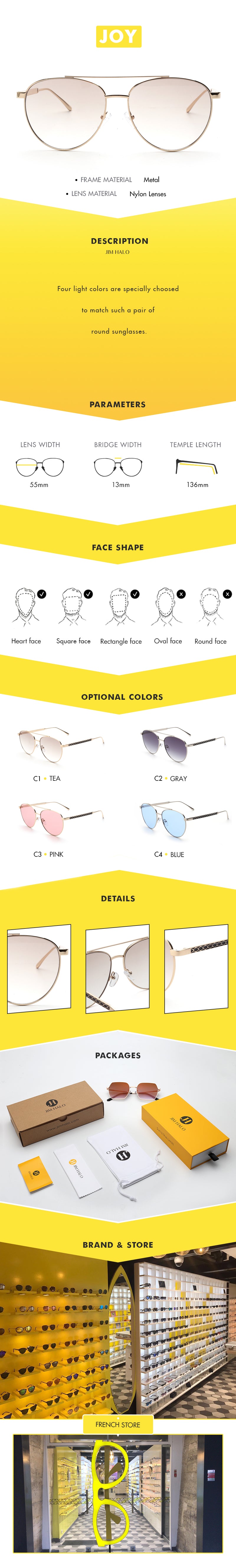 Five light colors are specially choosed to match such a pair of round sunglasses.