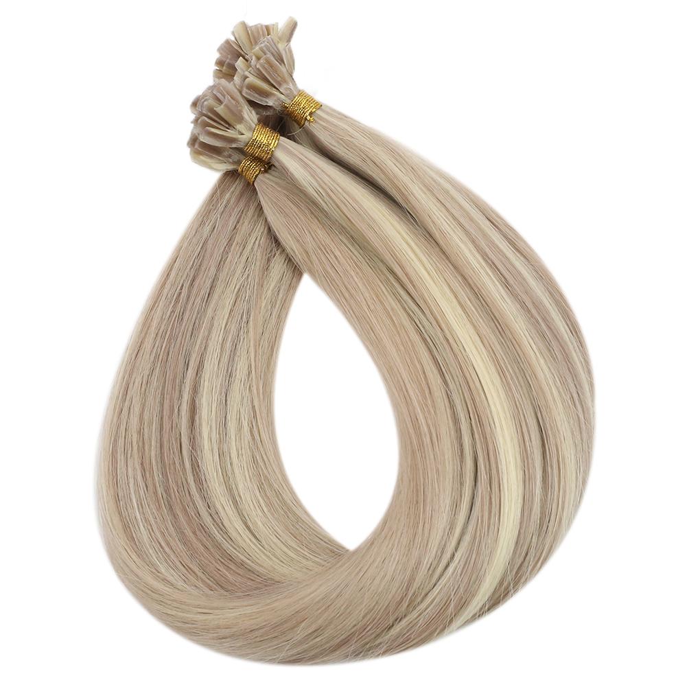 Fshine Virgin U Tip Human Hair Extensions Brazilian Keratin Fusion Nail Hair Ash Blonde With  Bleach Blonde (#P18/613)