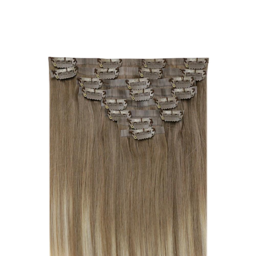 Fshine Pu Seamless Clip in Extensions Human Hair Balayage Ombre #8/60