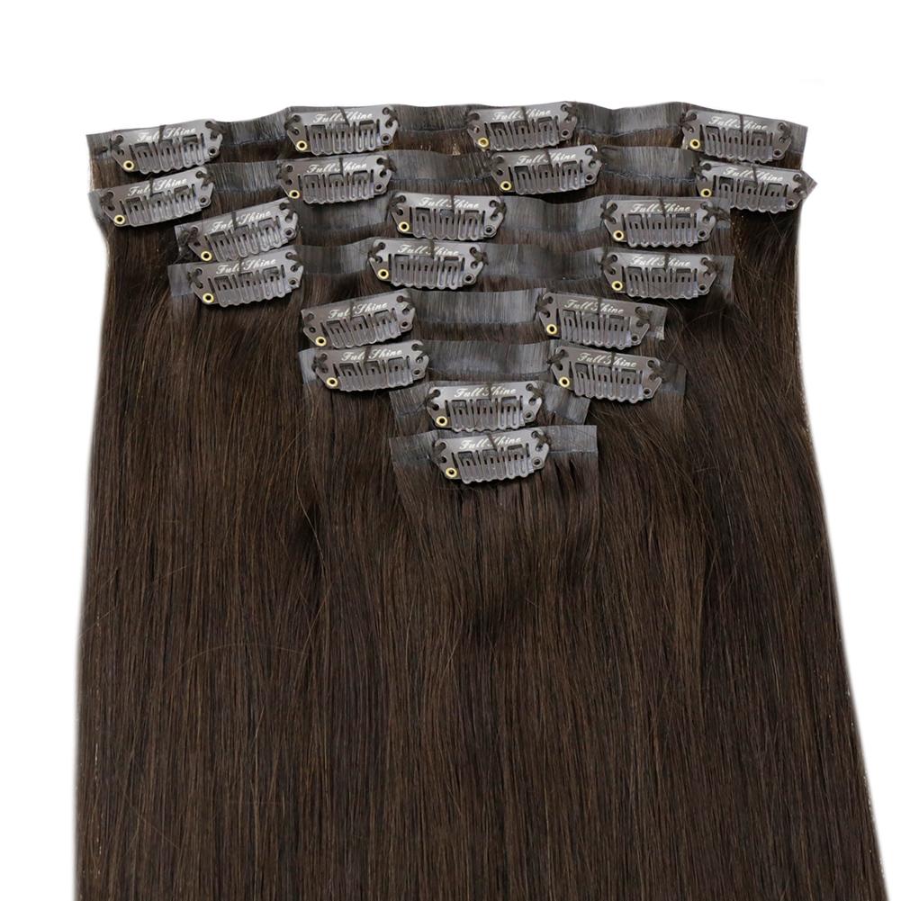 Fshine Pu Seamless Clip in Extensions 100% Human Hair Darkest Brown #2