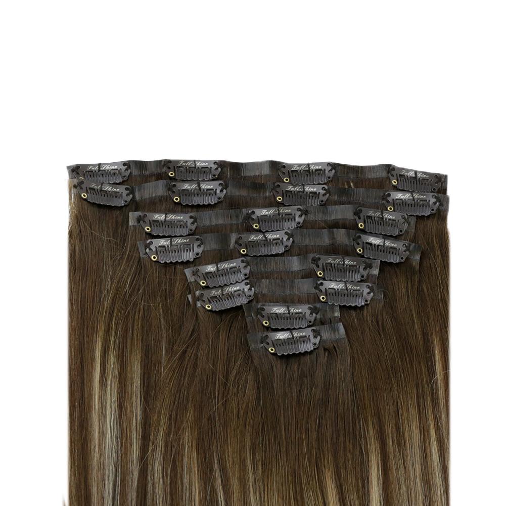 Fshine Pu Seamless Clip in Extensions Human Hair Balayage Highlights #4/27/4