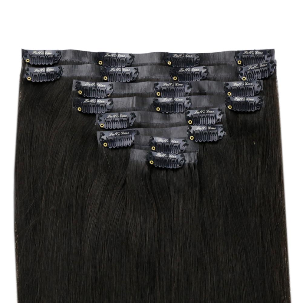 Fshine Pu Seamless Clip in Extensions 100% Human Hair Off Black #1B